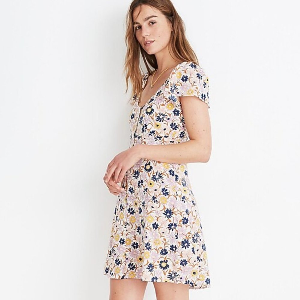 MADEWELL Puff-Sleeve Button-Front mini Dress in Wildflower Garden, Sz 00, used